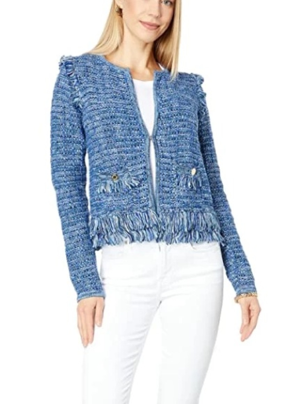 Lilly Pulitzer Simora Fringe Tweed Cardigan - Blue - Picture 3 of 11